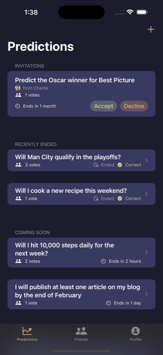 Outcome Owl's Predictions screen: an invitation to predict the Oscar winner, recently ended predictions marked Correct, and upcoming deadlines.