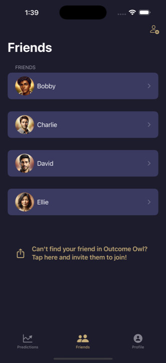 Friends screen listing your friends, with an option to invite more to join Outcome Owl.